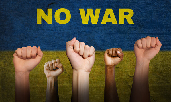 Ukraine Russia War. Stop War Protest with Ukraine Flag on Background. Symbolic Image of People Protesting against Russian Invasion.