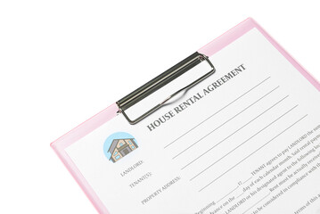 Clipboard with house rental agreement on white background, closeup
