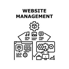 Website Management Vector Icon Concept. Programmer And Content Manager Website Management Occupation. Loading Video, Music And Photo File. Web Site Maintenance And Support Black Illustration