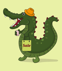 Cartoon crocodile with credit card and shopping