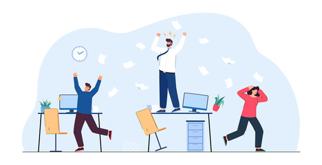 Fototapeta premium Angry boss screaming at employees flat vector illustration. Busy and frustrated company people running in panic around office, harry up with work and deadlines. Chaos, stress, career concept