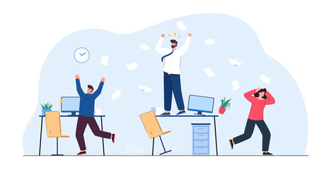 Angry boss screaming at employees flat vector illustration. Busy and frustrated company people running in panic around office, harry up with work and deadlines. Chaos, stress, career concept
