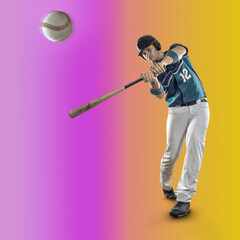 Baseball players in dynamic action in action on gradient multicolored neon background. Concept of...