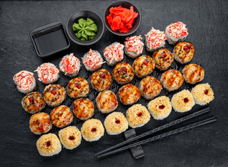 Sushi set. Philadelphia roll, california, unagi, black dragon with fresh ingredients