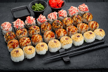 Sushi set. Philadelphia roll, california, unagi, black dragon with fresh ingredients