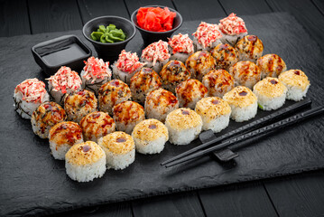Sushi set. Philadelphia roll, california, unagi, black dragon with fresh ingredients