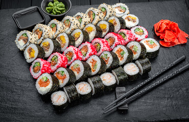 Sushi set. Philadelphia roll, california, unagi, black dragon with fresh ingredients
