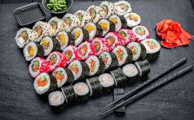 Sushi set. Philadelphia roll, california, unagi, black dragon with fresh ingredients