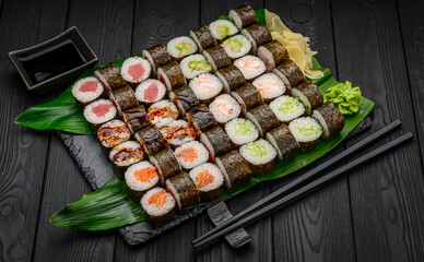 Sushi set. Philadelphia roll, california, unagi, black dragon with fresh ingredients