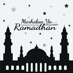 Marhaban ya Ramadhan simple greeting illustration vecctor. Mosque silhouette with stars background 