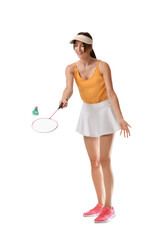 Sporty female badminton player on white background