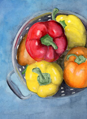 Watercolor illustration of a metal colander with yellow, red and orange sweet peppers
