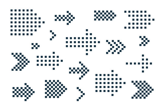 8 Bit Pixel Halftone Arrows Vector Set Of Icons, Collection Of Arrow Direction Cursors In Old PC Or Gaming Console Style, Single Color Symbols For Logos.