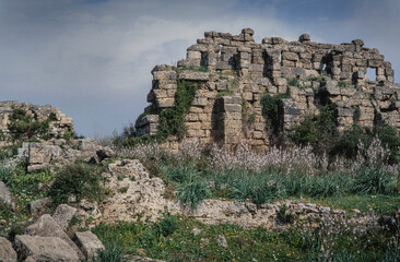 Fototapeta na wymiar Side. Ruins of the greek temple. Apollo Temple. Pillars. Turkey Antalya. Mediterranean Sea. 