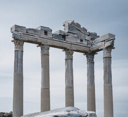 Side. Ruins of the greek temple. Apollo Temple. Pillars. Turkey Antalya. Mediterranean Sea. Pillars.