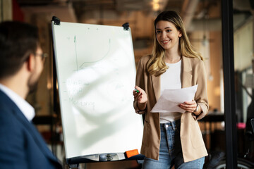 Businesswoman present her idea to working team. Young beautiful woman presenting businessplan.