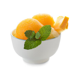 Bowl with tasty melon sorbet on white background