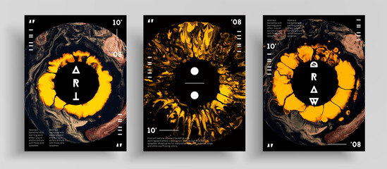 Abstract liquid poster, fluid art vector texture pack. Trendy background that applicable for design cover, invitation, presentation and etc. Black, yellow and brown unusual creative surface template.