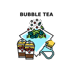 Obraz premium Bubble Tea Drink Vector Icon Concept. Delicious Bubble Tea Drink Prepared From Milk, Berries And Herbal Plant Natural Ingredients. Refreshment Tasty And Healthy Beverage Color Illustration