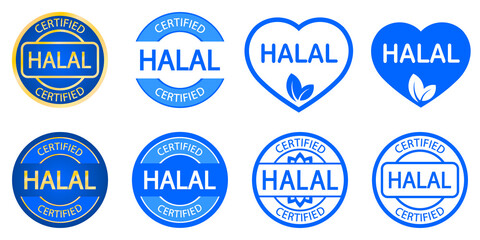 Set of Halal food products label, badge or logo. Vector Halal sign certificate tag. Round icon. Blue Sticker design