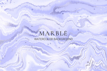 Violet blue liquid marble or watercolor background with glitter foil textured stripes. Purple cyan marbled alcohol ink drawing effect. Vector illustration design template for wedding invitation