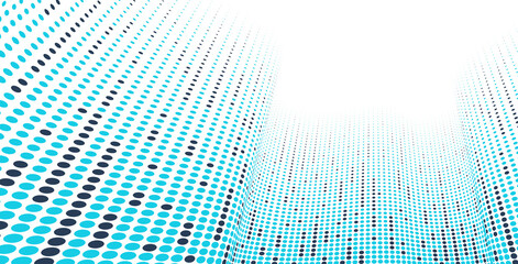 Blue dots in 3D perspective vector abstract background, multimedia internet information theme, wave stream of science technology or business blank template for ads.