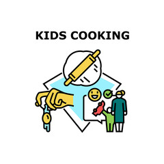 Kids Cooking Vector Icon Concept. Kids Cooking Dish With Mother, Crashing Egg And Rolling Dough With Wooden Pin Kitchen Utensil. Children Education For Prepare Food Meal Color Illustration