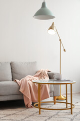 Interior of light living room with grey sofa, table and lamps
