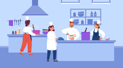 People cooking in commercial kitchen flat vector illustration. Man and women preparing gourmet food and desserts in cafe or restaurant. Chef controlling process. Occupation, hospitality concept