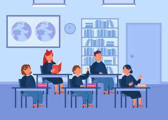 Pupils sitting at desks in classroom flat vector illustration. Boys and girls studying together. Classmates raising hands to answer and talking. Education, school concept