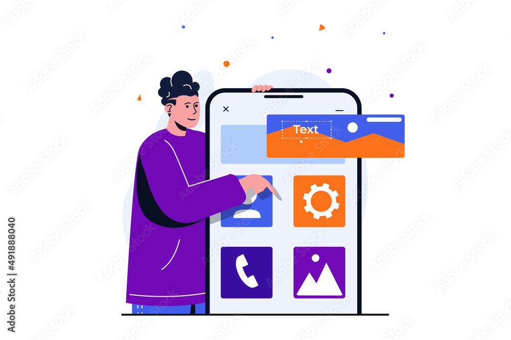 Leinwandbilder App development modern flat concept for web banner design. Male designer placing graphic elements and menu buttons on interface layout for mobile apps. Illustration with isolated people scene