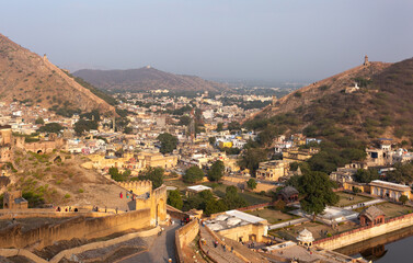 Fototapeta premium A view of Amer town and the entrance of Ancient Amer fort of Jaipur, India