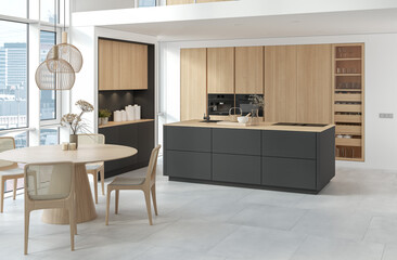 3D Illustration. Modern kitchen in loft apartment. - 491888044
