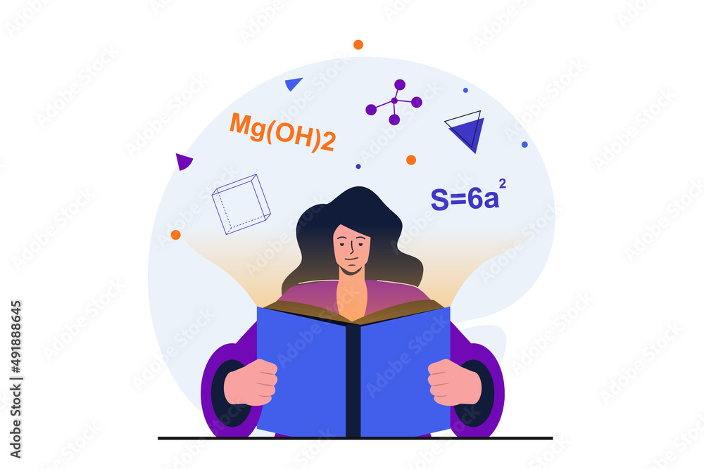 Poster back to school modern flat concept for web banner design. schoolgirl reading chemistry textbook and 