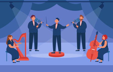 Conductor and musicians in official suit on stage. Men and women playing violin, harp and cello in theater flat vector illustration. Opera, orchestra performance, classical music concept - obrazy, fototapety, plakaty