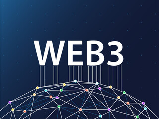 Web3 / Web 3.0 background. Blue dark wallpaper with connected World Wide Web illustration.