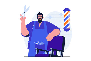 Barbershop modern flat concept for web banner design. Professional barber with scissors and combs standing by chair and waiting for client in studio. Illustration with isolated people scene