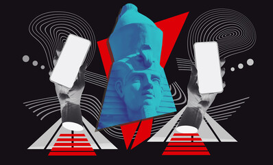 Fashion collage in magazine and pop art style. Statue holding modern blank frameless screen smartphone in a palm.
