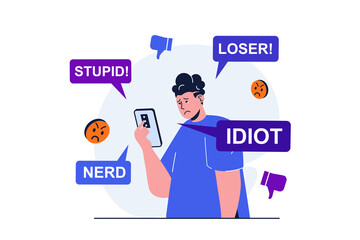 Fototapeta na wymiar Bullying modern flat concept for web banner design. Sad man reading aggressive messages and comments from haters. Cyberbullying in social networks. Illustration with isolated people scene