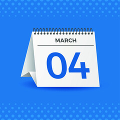 White calendar on blue background. March 4th. Vector. 3D illustration.