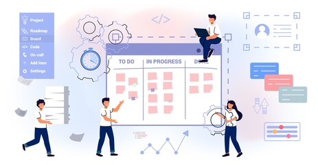 Scrum task board Agile organizer with people sticking papers on it Analyzing process of software development Flat style isolated vector illustration Whiteboard and process teamwork Scheme methodology