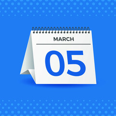 White calendar on blue background. March 5th. Vector. 3D illustration.