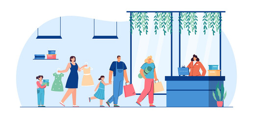Customer standing in line in shop flat vector illustration. Man, women and kids waiting in queue to pay for purchase, buying new clothes and dresses. Family shopping, mall concept