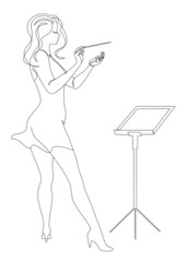Silhouette of a woman with a conductor's baton in a modern continuous line style, beauty. Lady Conductor. Aesthetic decor sketches, posters, stickers, logo. Vector illustrations.