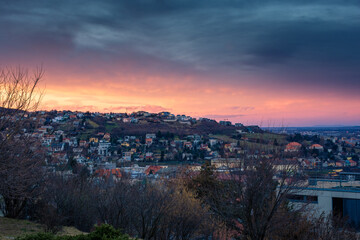Amazing sunset over the suburbs and the hills of Bratislava,  Slovakia