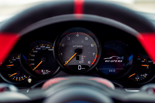 Munich, Germany - September 2021: Porsche 911 GT2RS 991 Weissach Package Interior And Speedometer. 