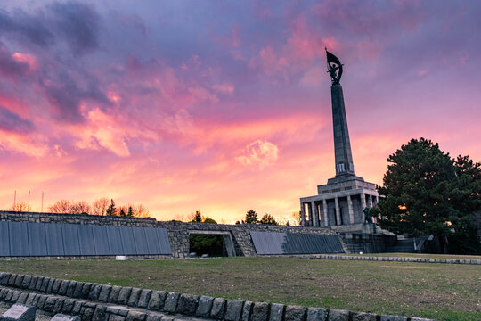 Amazing sunset over the Slavin memorial in Bratislava,  Slovakia, reminiscent of soviet soldiers