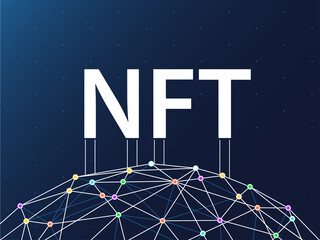 NFT Non-Fungible Token background. Blue dark wallpaper with connected World Wide Web illustration.