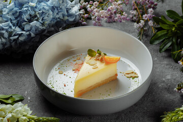 New York cheesecake or classic cheesecake with fresh berries on white plate, wooden table background and copy space for text