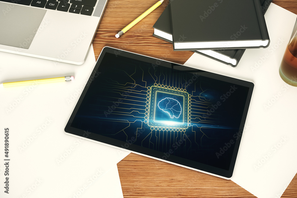 Poster creative artificial intelligence concept with human brain sketch on modern digital tablet display. t